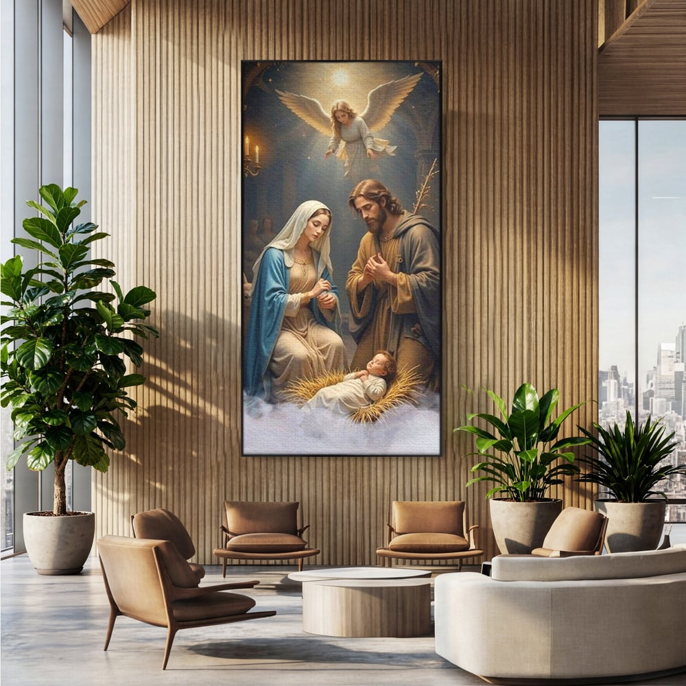 Tablou canvas cu tablou canvas cu sfanta familie si inger, in rama de aluminiu negru, pe perete intr-un birou